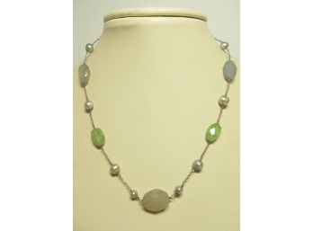 Natural Cut And Polished Stone And Pearl Sterling  Necklace