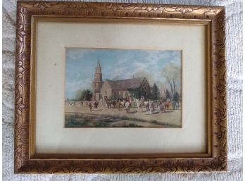 Vintage English Original Watercolor Art Work 'Scene At The Church'
