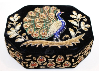 Huguette Creations Embroidered Peacock Jewelry Trinket Box