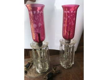Pair Of Prism Base & Cranberry Glass Shade Lamps