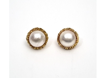14K Yellow Gold And Genuine Pearl Pierced Earrings