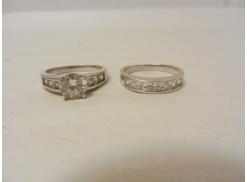 Pre Owned Ladies 925 Sterling Silver & CZ Engagement/Wedding Ring Set Size 10.5
