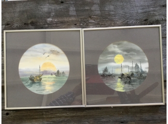Pair Of Signed Watercolors Depicting Vietnam Boats With Setting Sun