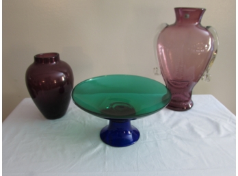 Three Fun Large Colored Glass Vessels (See All Photos)