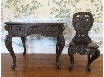 Vintage Carved And Painted Chinese Desk With Chair