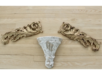 Set Of 2 Ornate Gold Gilt Carved Wood Wall Hangings And Architectural Shelf