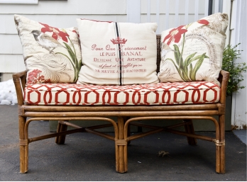 Vintage Cane Wood Love Seat With Cushions And Pillows