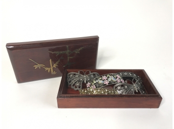 Wooden Box Filled With Fancy Barrettes