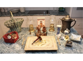Brass Hurricane Candle Holders, Baskets And Collectibles
