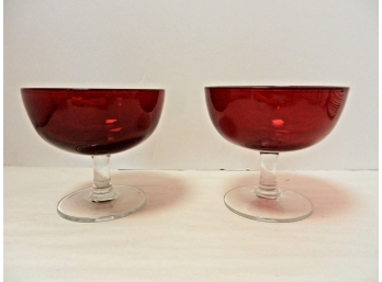 Two Vintage Hand Blown Ruby Red, Clear Stemmed Wine/Champagne Glasses