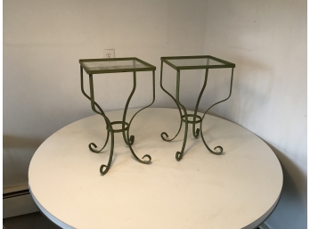Two Green Iron Tables W/Glass Tops