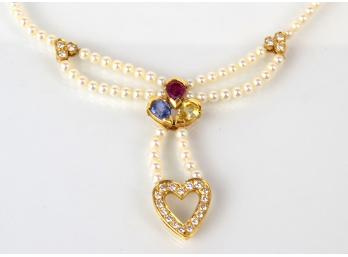 Sweetest 18K Gold And Pearl Heart Gemstone Necklace