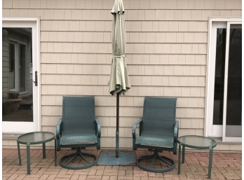 Two Swivel Outdoor Chairs And Side Tables