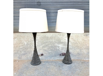 Pair Of Brutalist Style Wicker And Metal Framed Tulip Table Lamps