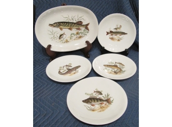 Vintage Bavaria China Fish Platter And Four Plates - Rare Double Stamped