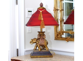 Elephant Lamp With Red Silk Shade