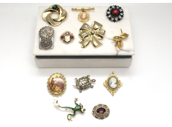 A Collection Of Brooches In A Marble Jewelry Box - Coro, Gerry's And More