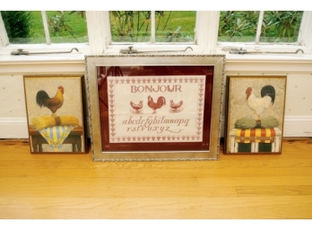 Framed French Linen Textile And Two Framed Rooster Plaques