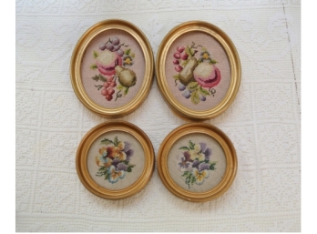 Four Nicely Framed Round Floral And Fruit Needlepoints