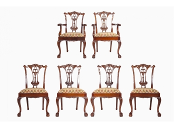 Set Of 6 Ornate Urn Back Chairs With Elephant Motif Upholstered Seats