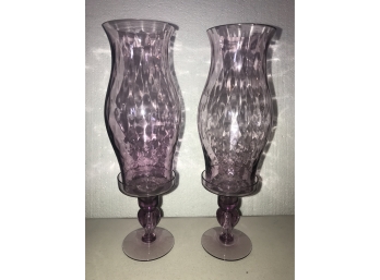 Pair Of Purple Glass Candle Holders With Hurricane Shades