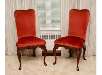 Pair Of Upholstered Heart Shaped Carved Wood Chairs