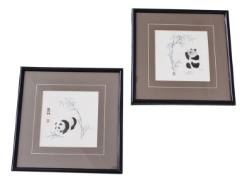 Pair Of Panda Bear Chinese Embroidery Silk Art