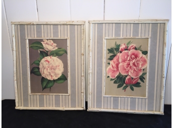 Pair Of Rustic Framed Watercolor Flowers On Board