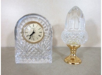 Waterford Crystal Clock And Waterford (?) Crystal Acorn On Stand