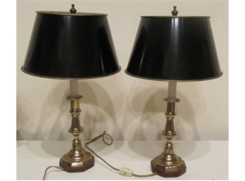 Pair Of Brass Lamps With Wooden Bases And Black Tole Shades - AS-IS