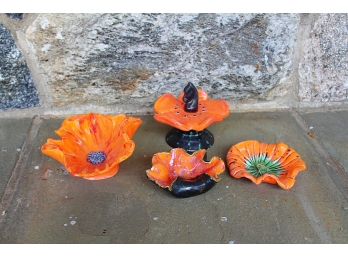 Group Of Four Orange Free Form Flower Ceramics By Elsie Ralph