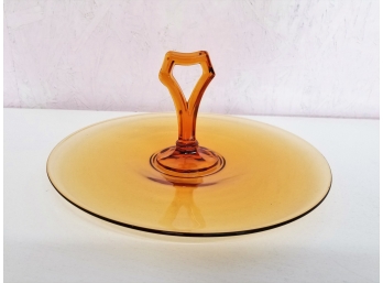 Vintage Depression Era Amber Glass Serving Tray Plate With Center Handle