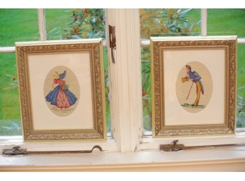 Pair Needlepoints Depicting A Colonial Couple