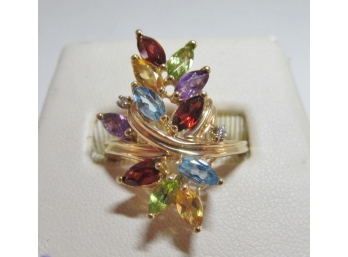 14K Gold Multi Color Stone Ring With Diamond Accents - 6 Grams - Size 8.75