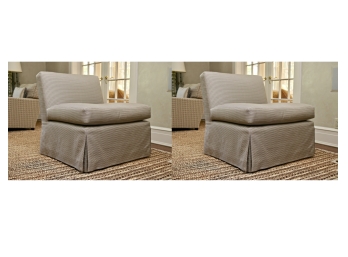 Set Of 2 Cushioned Upholstered Grey And Brown Striped Skirted Slipper Chairs