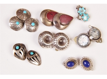 Collection Of Seven Sterling Silver Clip Back Earrings With Natural Stones