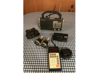 Emerson Radio, Keystone 35mm Camera, Texas Instrument Calculator, Binoculars And Opera Glasses