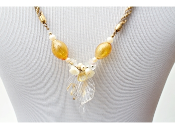 Unique Gold & Silver Tone, Glass Leaf & Bead Pendant Necklace