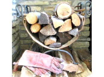 FIREWOOD In IRON & LEATHER RACK W/fireproof Gloves!