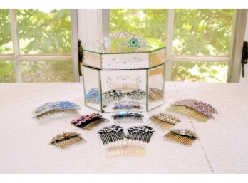 Group Of Swavorski Crystal Hair Combs And An Etched Mirrored Box