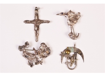 Four Custom Sterling Silver Brutalist Style Vintage Pins