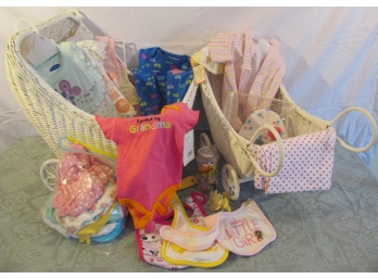 Two Wicker Doll Strollers Filled With New And Like New Baby Clothes