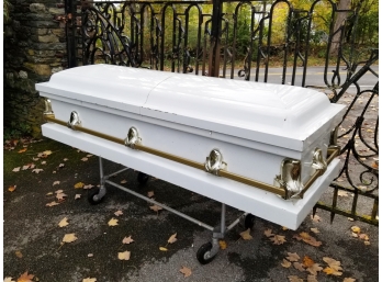 Full Size, Professional, Industry Standard Enamel And Brass Casket AND Gurney!