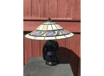 Stained Glass Shade And Pottery Base Lamp