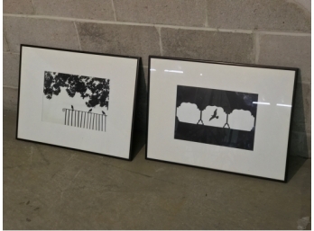 Two Black And White Prints Of Birds In Black Metal Frames