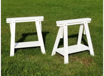 A Pair Of White Painted Pine Wood Sawhorses (Possibly Table Base)