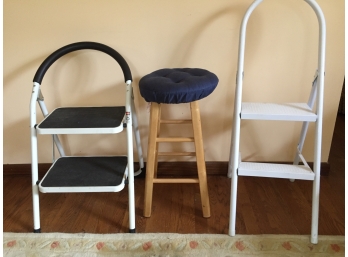 Pair Of Folding Kitchen Step Stools And Wooden Stool