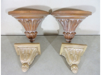 Pair Italian Carved Wood Wall Brackets + Smaller Painted Plaster Brackets