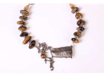 Beaded Tiger's Eye Necklace With Abstract Sterling Silver Centerpiece