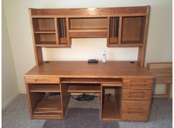 Oak Four Drawer Kneehole Computer Desk With Hutch Top